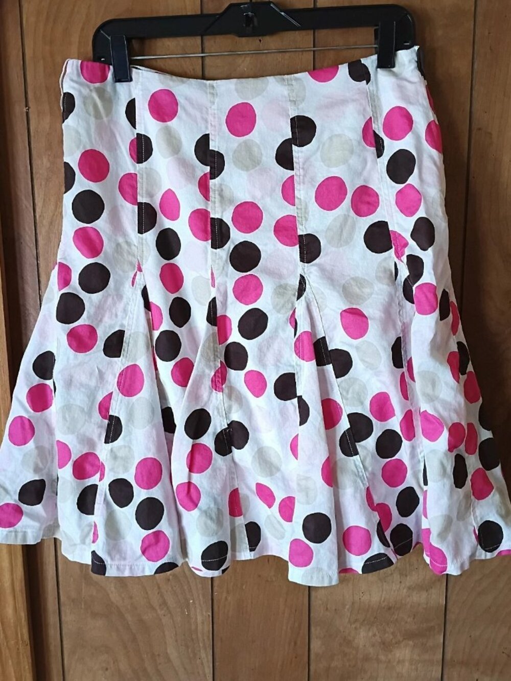 White Pink Brown Polka Dot Cotton Skirt Size 10 Side Zip Flare